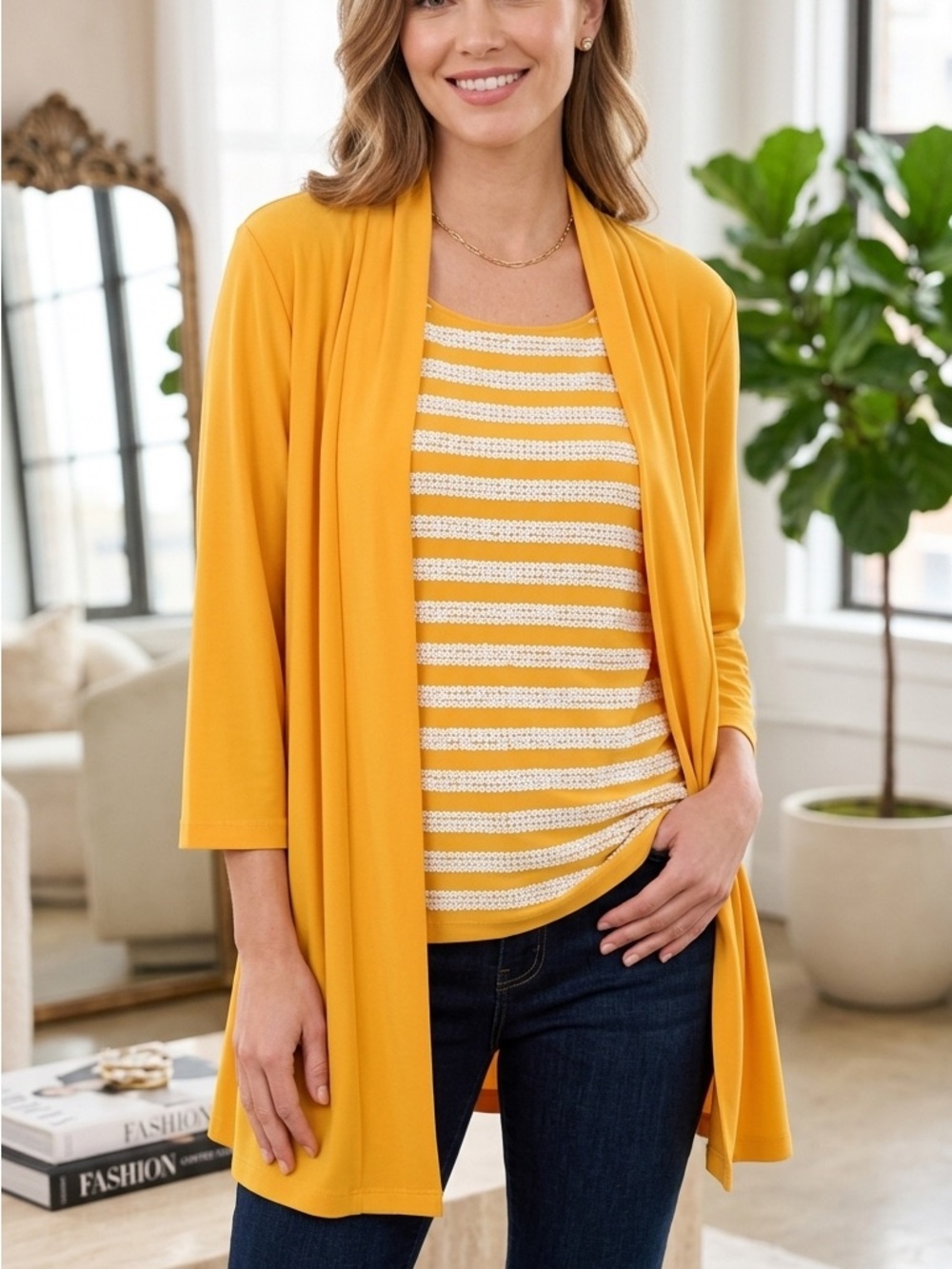Bob Mackie Drape Front Cardigan with Sequin Stripe Shell Yellow Plus Size 1X